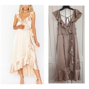 Show Me Your Mumu Samantha Ruffle Wrap Dress in a soft beige